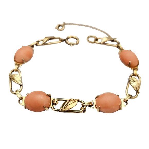 Gold Filled Coral Cabochon Chain Bracelet Leaf Paper Clip Oval Links C675 - Picture 3 of 10